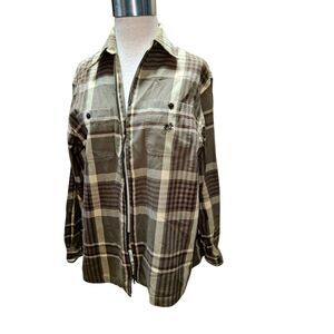 Lauren Ralph Lauren Flannel Shacket Full Zip Size M Olive Green Plaid Shirt